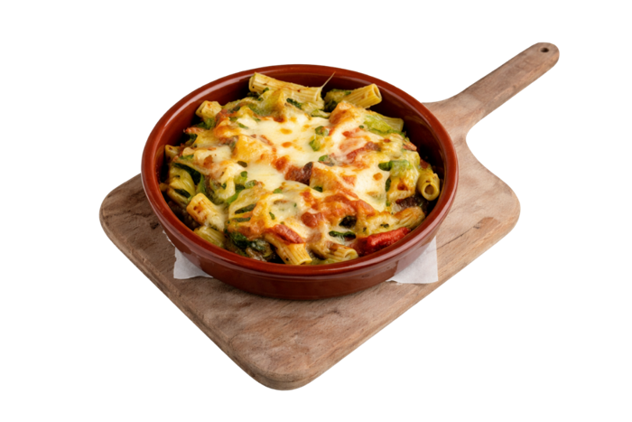Pasta Al Forno in Pesto-Sahnesauce mit Kirschtomaten, Scamorza und Mozzarella, im Steinofen überbacken – Pizzeria Portofino Lübeck