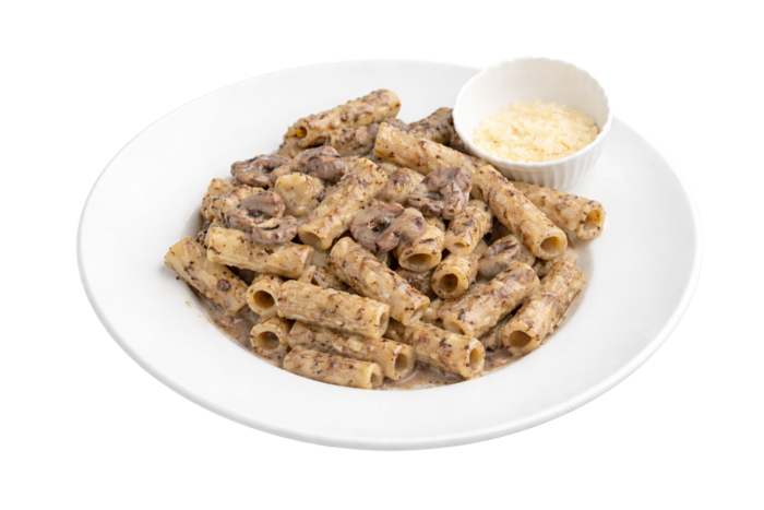Pasta Boscaiola mit Sahne-Trüffelsauce, Champignons und italienischer Salsiccia, Pizzeria Portofino Lübeck