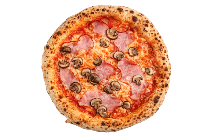 Pizza Prosciutto e Funghi mit Kesselschinken, Champignons und Mozzarella – Pizzeria Portofino Lübeck