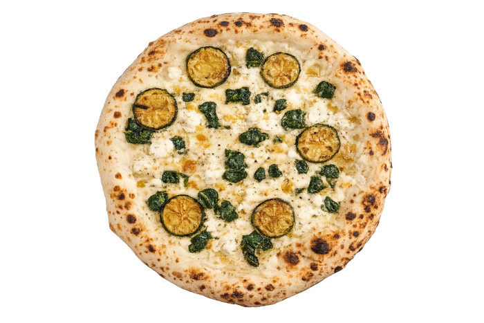 Pizza Vegetariana mit Mozzarella, Peperoni, Blattspinat, Zucchini und Feta – Pizzeria Portofino Lübeck